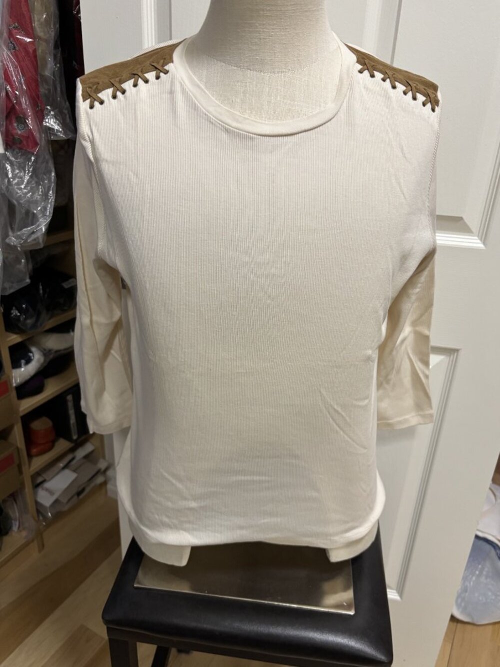 Cream, long sleeve shirt with brown shoulder&cross stitch